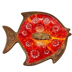 Vintage Treasure Craft USA San Diego Orange Red‎ Fish Dish 70's Art Pottery